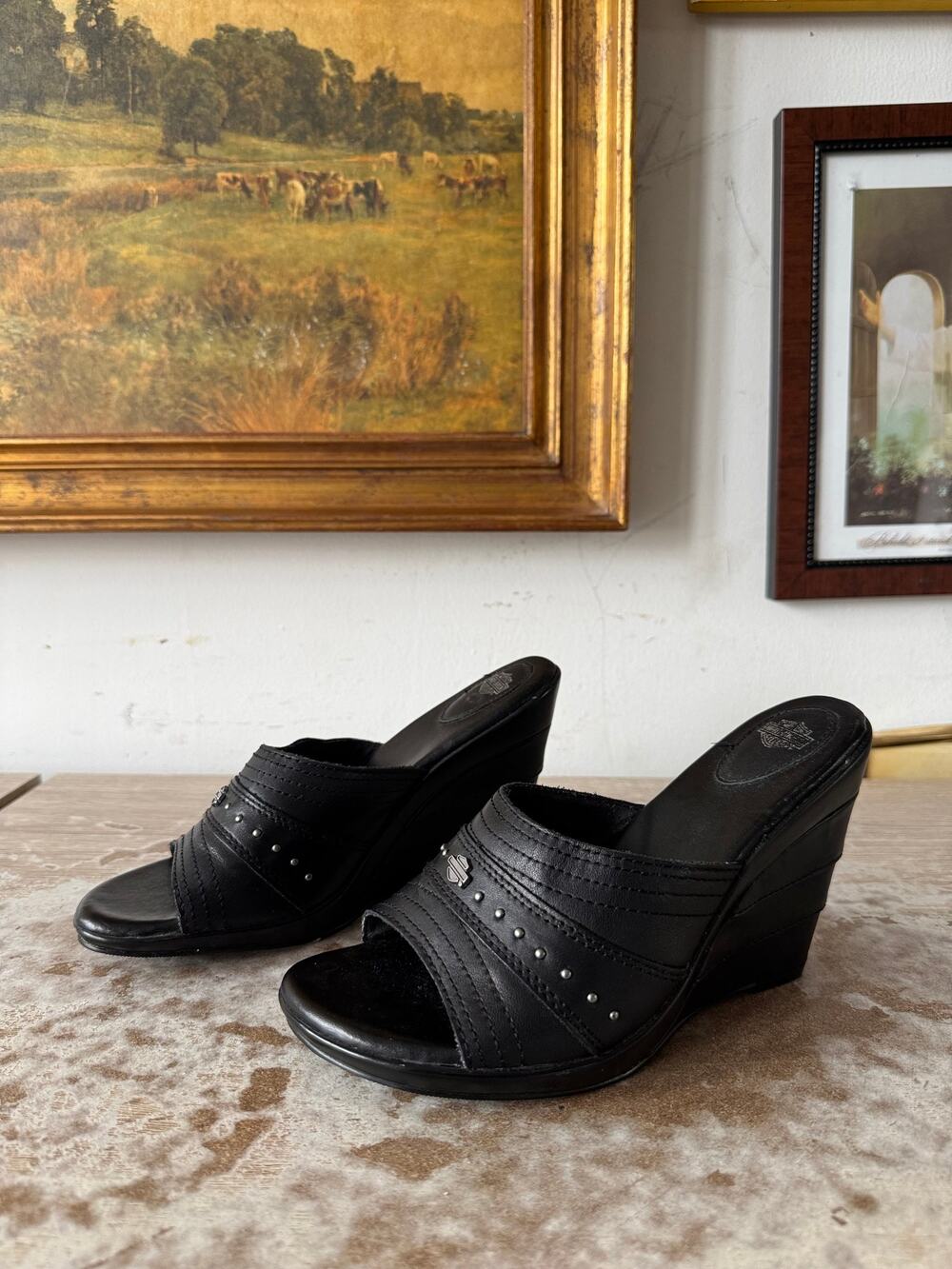 Y2k Harley Davidson Black Leather Studded Wedge Sandals Size 6